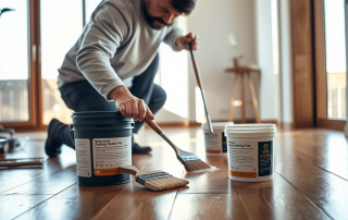 A person kneels on a wooden floor, applying paint with brushes, surrounded by paint buckets in a bright, airy room.