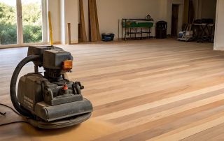 A floor sander rests on newly laid, sanded hardwood flooring in a spacious, unoccupied room with natural light streaming in.