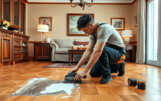 A person kneeling on a hardwood floor, using a sander on a section with white paint, surrounded by furniture and tools.
